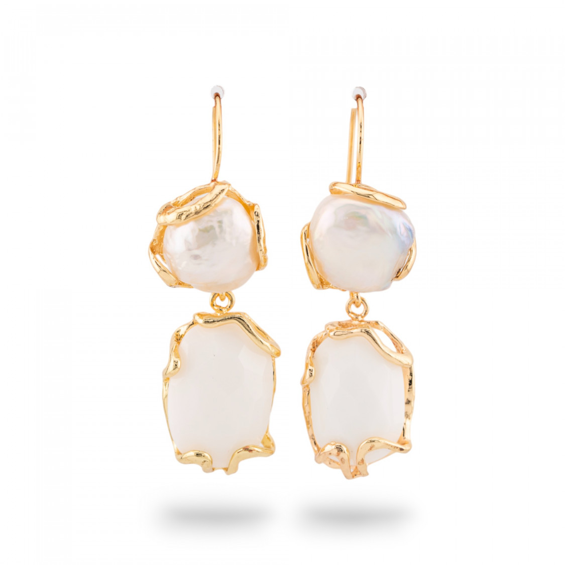 Orecchini Di Bronzo A Monachella Con Perle Di Fiume E Occhio Di Gatto 18x50mm Bianco-BRONZO CRYSTAL | Worldofjewel.com