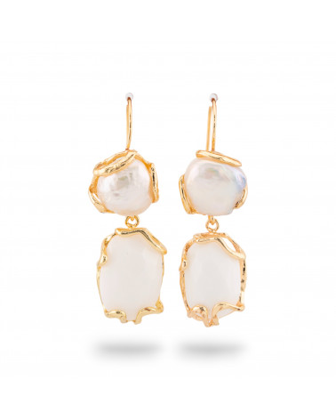 Orecchini Di Bronzo A Monachella Con Perle Di Fiume E Occhio Di Gatto 18x50mm Bianco-BRONZO CRYSTAL | Worldofjewel.com