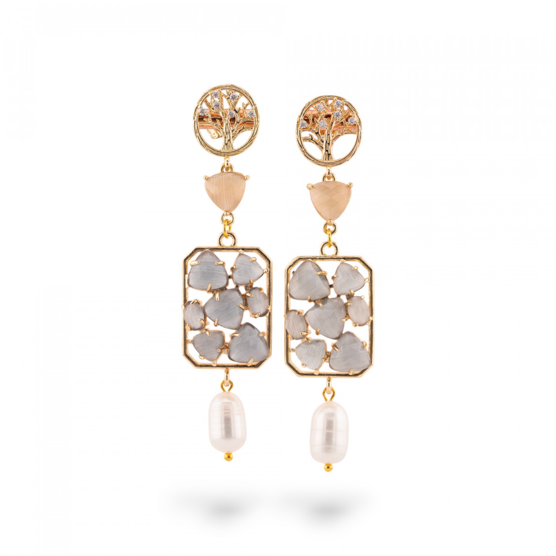 Boucles d'oreilles tiges en bronze serties d'arbre avec oeil de chat et jade 17x76mm gris-ORECCHINI MADE WITH STYLE | Worldofjewel.com
