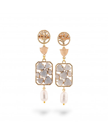 Boucles d'oreilles tiges en bronze serties d'arbre avec oeil de chat et jade 17x76mm gris-ORECCHINI MADE WITH STYLE | Worldofjewel.com