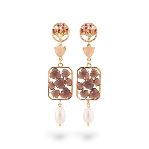 Boucles d'oreilles tiges en bronze serties d'arbre avec oeil de chat et jade 17x76mm violet-ORECCHINI MADE WITH STYLE | Worldofjewel.com