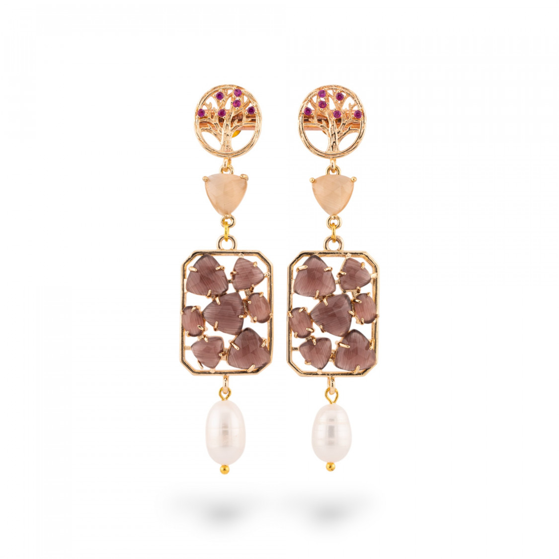 Boucles d'oreilles tiges en bronze serties d'arbre avec oeil de chat et jade 17x76mm violet-ORECCHINI MADE WITH STYLE | Worldofjewel.com