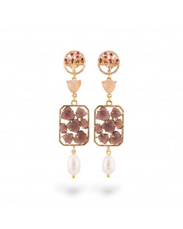 Bronze Stud Earrings Tree With Cat's Eye Set And Jade 17x76mm Purple-ORECCHINI MADE WITH STYLE | Worldofjewel.com