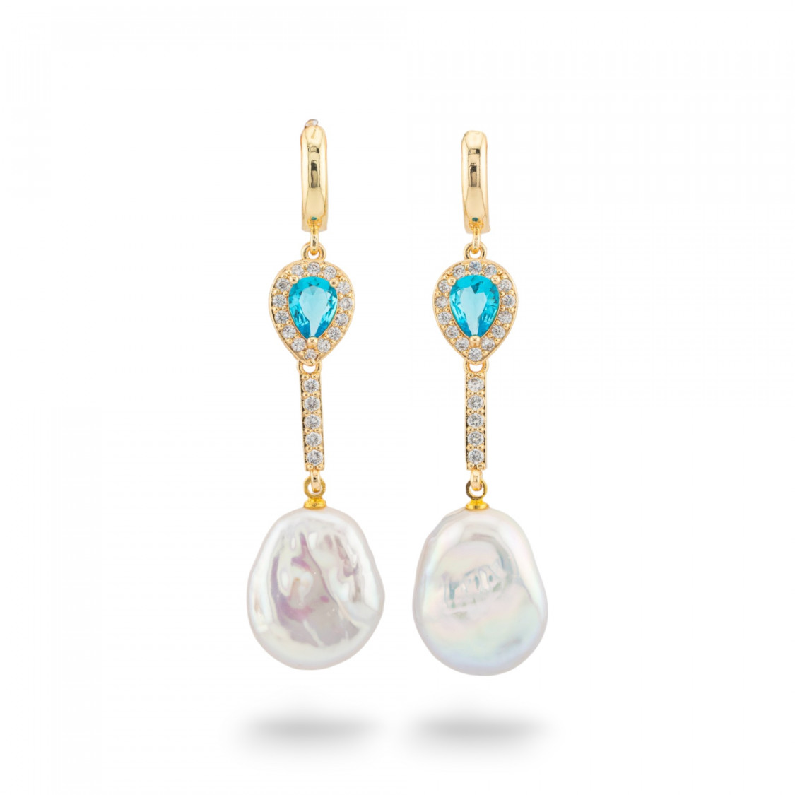 Orecchini Perno Di Bronzo Con Cristalli E Pendente Di Perle Di Fiume Dorato Goccia Celeste-BRONZO CRYSTAL | Worldofjewel.com