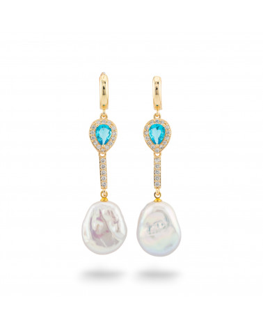Orecchini Perno Di Bronzo Con Cristalli E Pendente Di Perle Di Fiume Dorato Goccia Celeste-BRONZO CRYSTAL | Worldofjewel.com