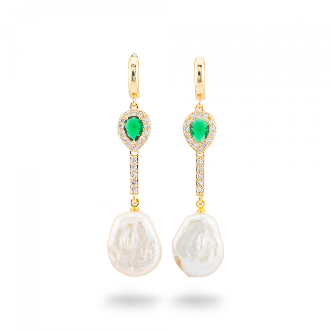 Orecchini Perno Di Bronzo Con Cristalli E Pendente Di Perle Di Fiume Dorato Goccia Verde-BRONZO CRYSTAL | Worldofjewel.com
