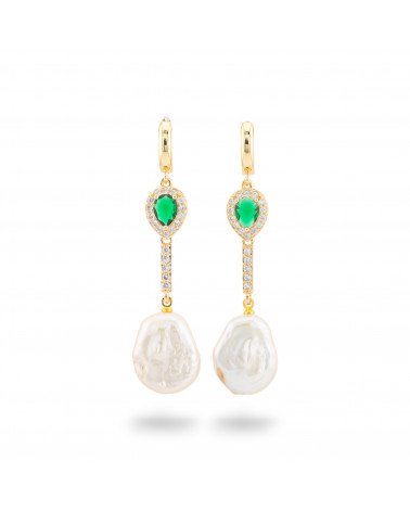 Orecchini Perno Di Bronzo Con Cristalli E Pendente Di Perle Di Fiume Dorato Goccia Verde-BRONZO CRYSTAL | Worldofjewel.com