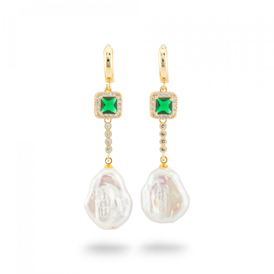 Orecchini Perno Di Bronzo Con Cristalli E Pendente Di Perle Di Fiume Dorato Quadrato Verde-BRONZO CRYSTAL | Worldofjewel.com