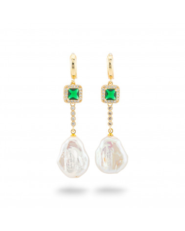 Orecchini Perno Di Bronzo Con Cristalli E Pendente Di Perle Di Fiume Dorato Quadrato Verde-BRONZO CRYSTAL | Worldofjewel.com