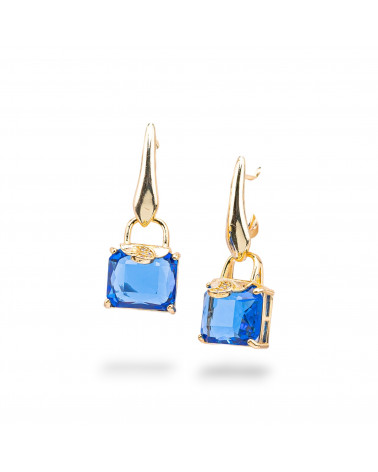 Orecchini Perno Di Bronzo Con Occhio Di Gatto Con Zirconi 14x37mm Dorato Blu-ORECCHINI HOT PICKS | Worldofjewel.com