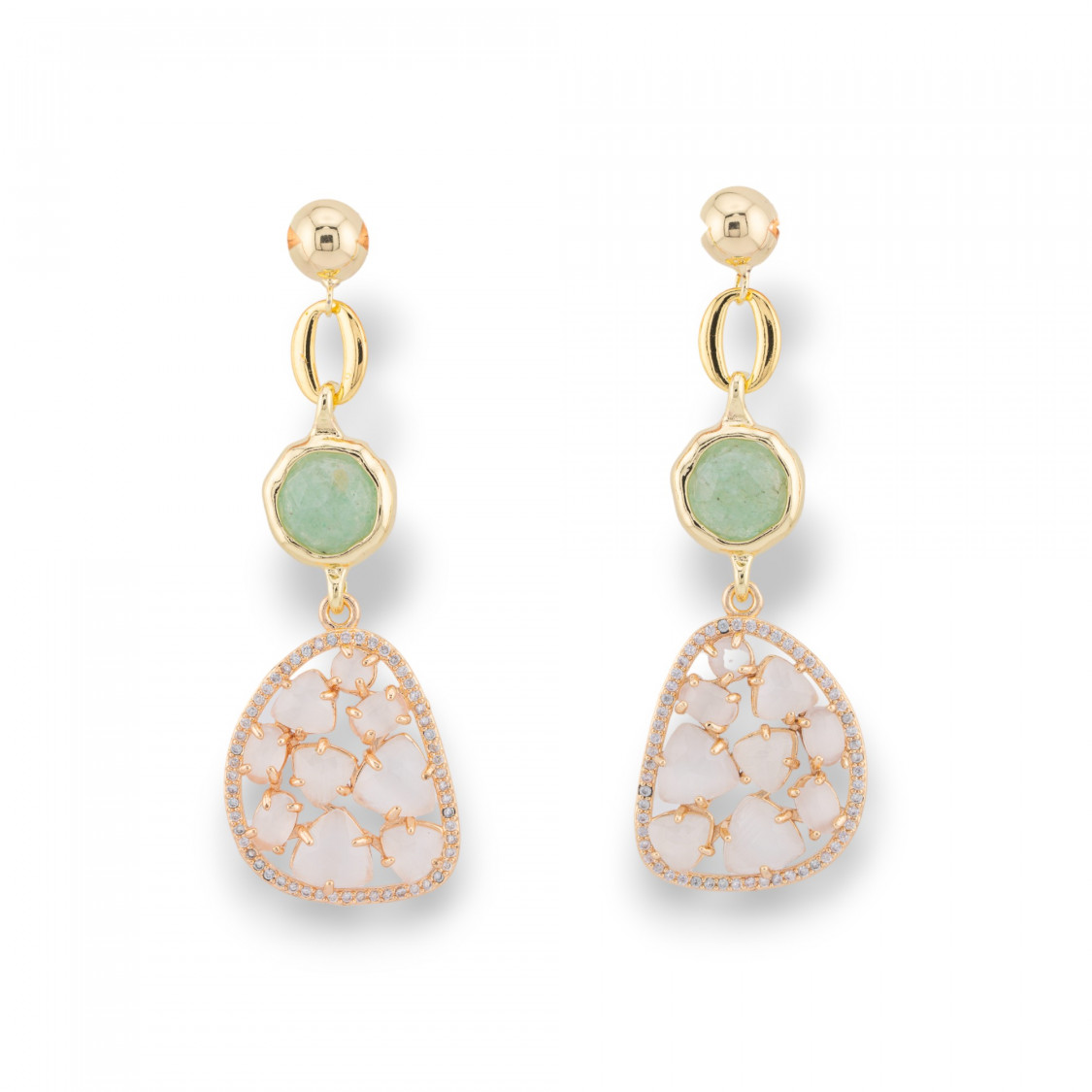 Boucles d'oreilles puces en bronze avec oeil de chat serti et zircons dorés blanc vert-BRONZE CRISTAL | Worldofjewel.com