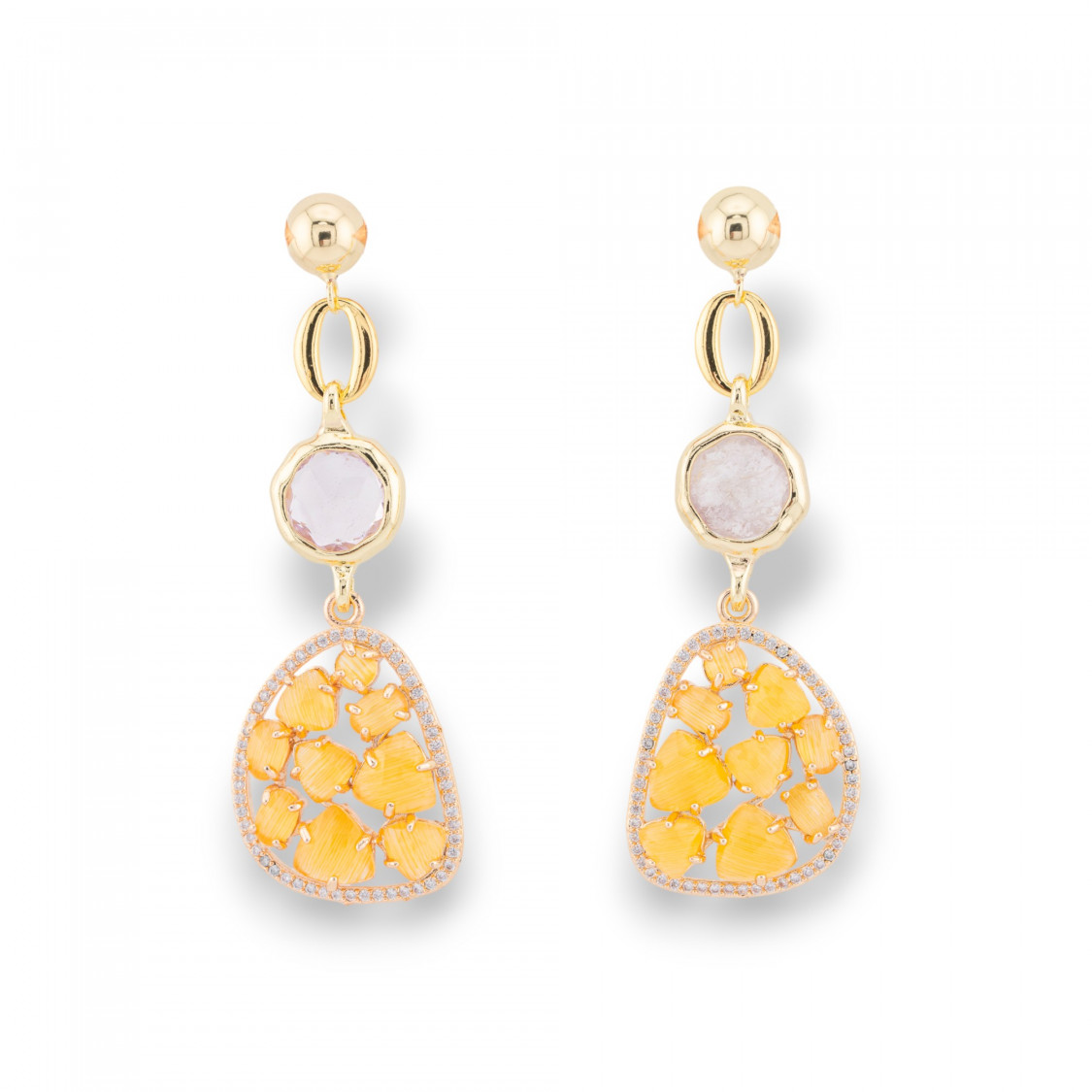 Bronze Stud Earrings With Cat's Eye Set And Yellow Gold Zircons-CRYSTAL BRONZE | Worldofjewel.com