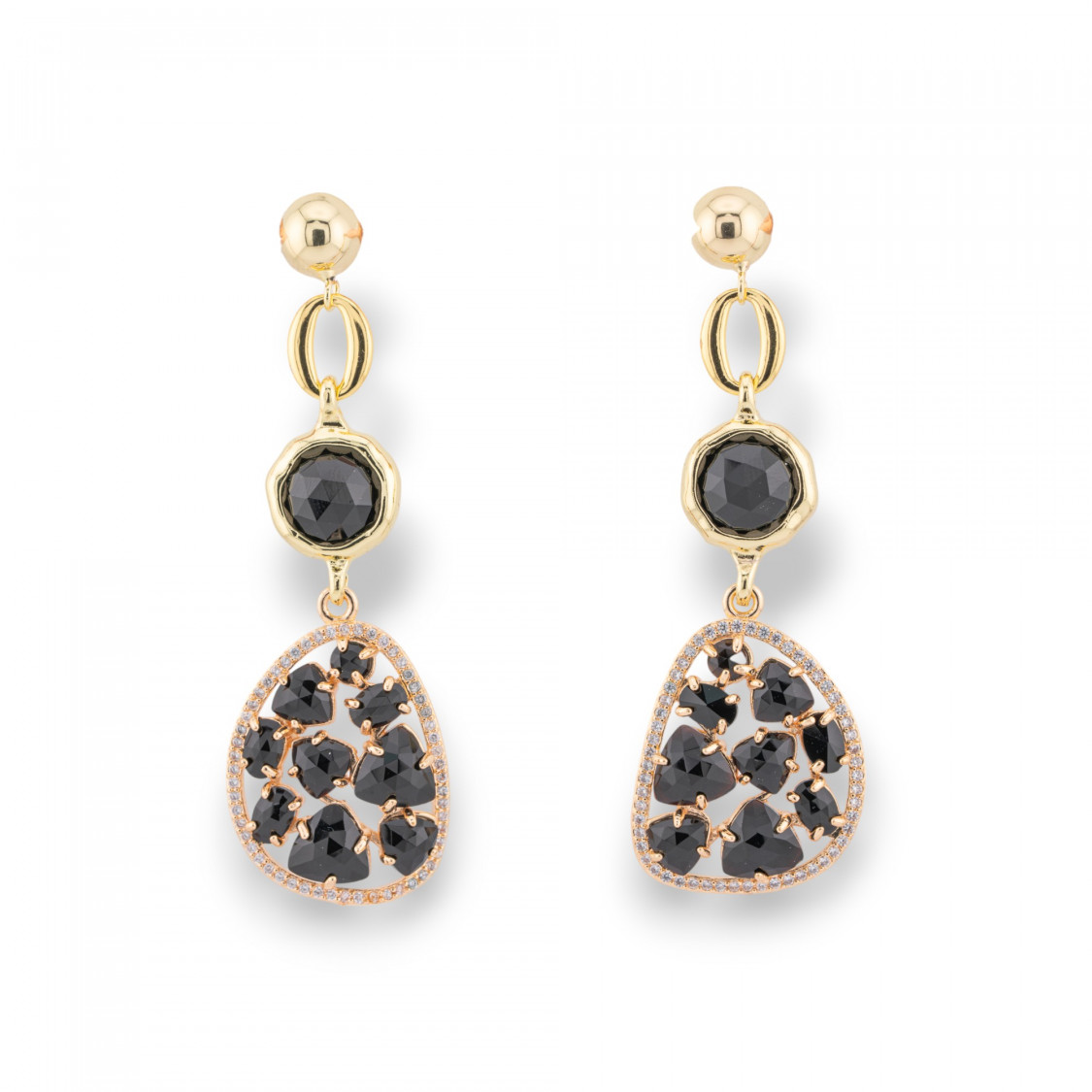 Pendientes de Bronce con Juego de Ojo de Gato y Circonitas Doradas Negras-BRONCE CRISTAL | Worldofjewel.com