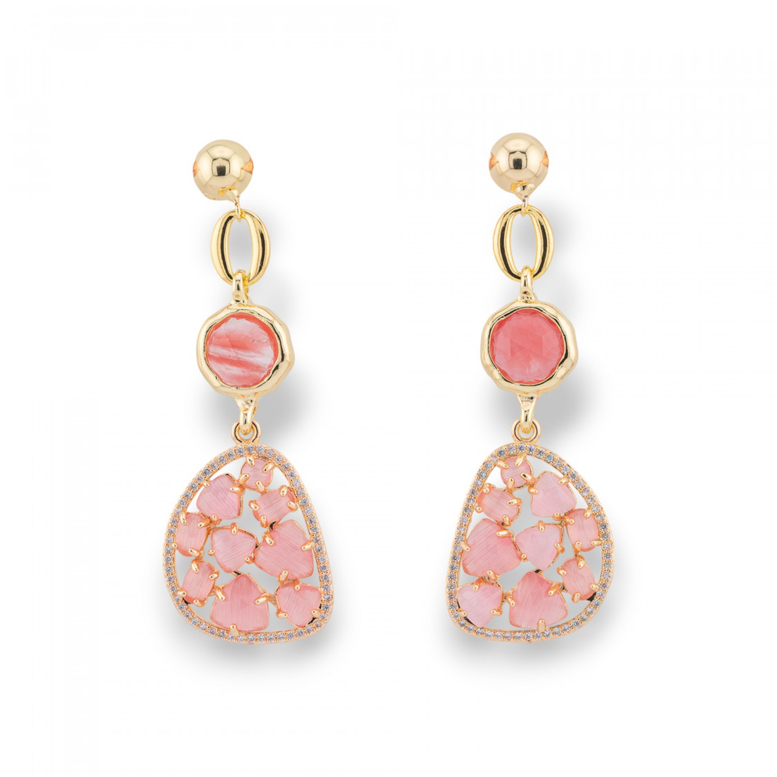 Pendientes Bronce con Juego Ojo de Gato y Circonitas Doradas Rosas-BRONCE CRISTAL | Worldofjewel.com