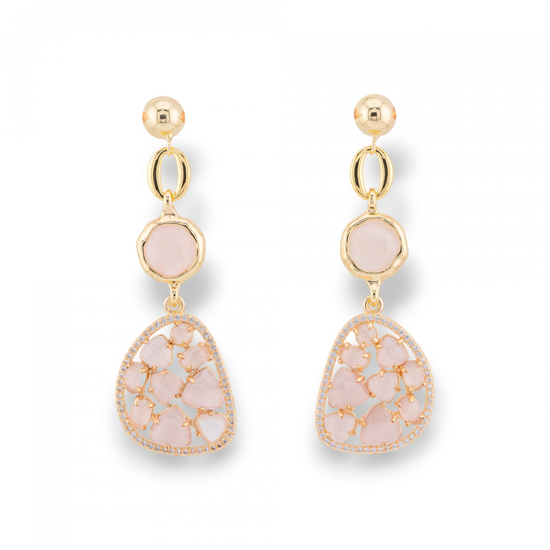 Pendientes Bronce con Juego Ojo de Gato y Circonitas Doradas Rosa Claro-BRONCE CRISTAL | Worldofjewel.com
