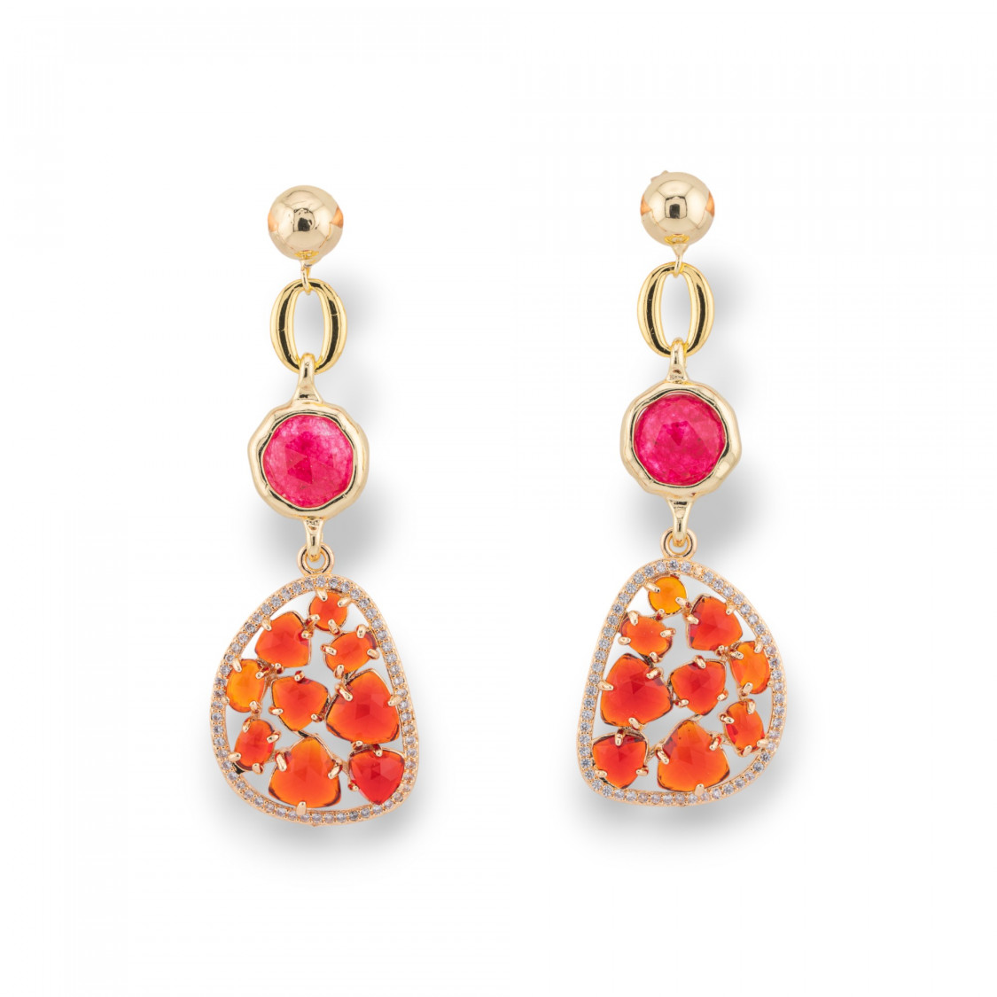 Orecchini Perno Di Bronzo Con Occhio Di Gatto Incastonato e Zirconi Dorato Rosso-BRONZO CRYSTAL | Worldofjewel.com