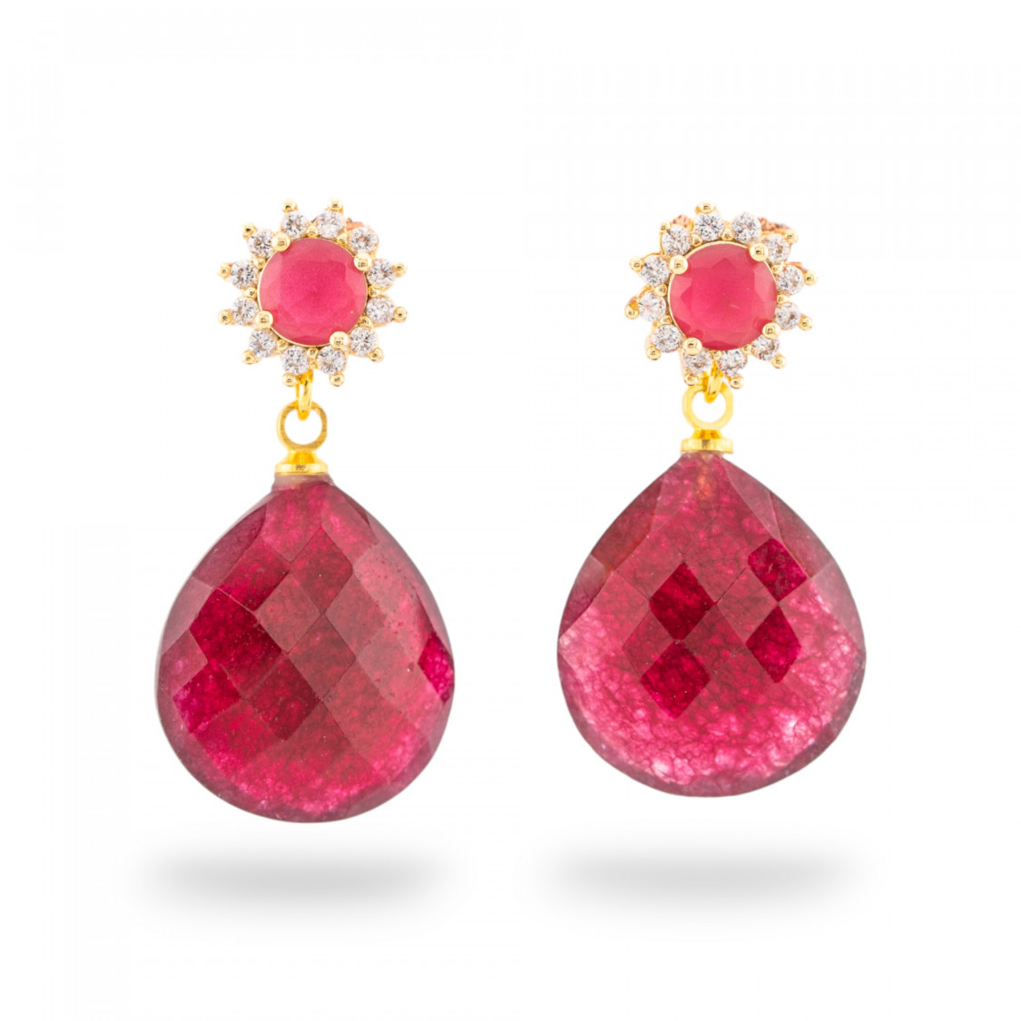 Bronze Stud Earrings With Hard Stones 16x38mm Gold Plated Red Ruby-ORECCHINI MADE WITH STYLE | Worldofjewel.com