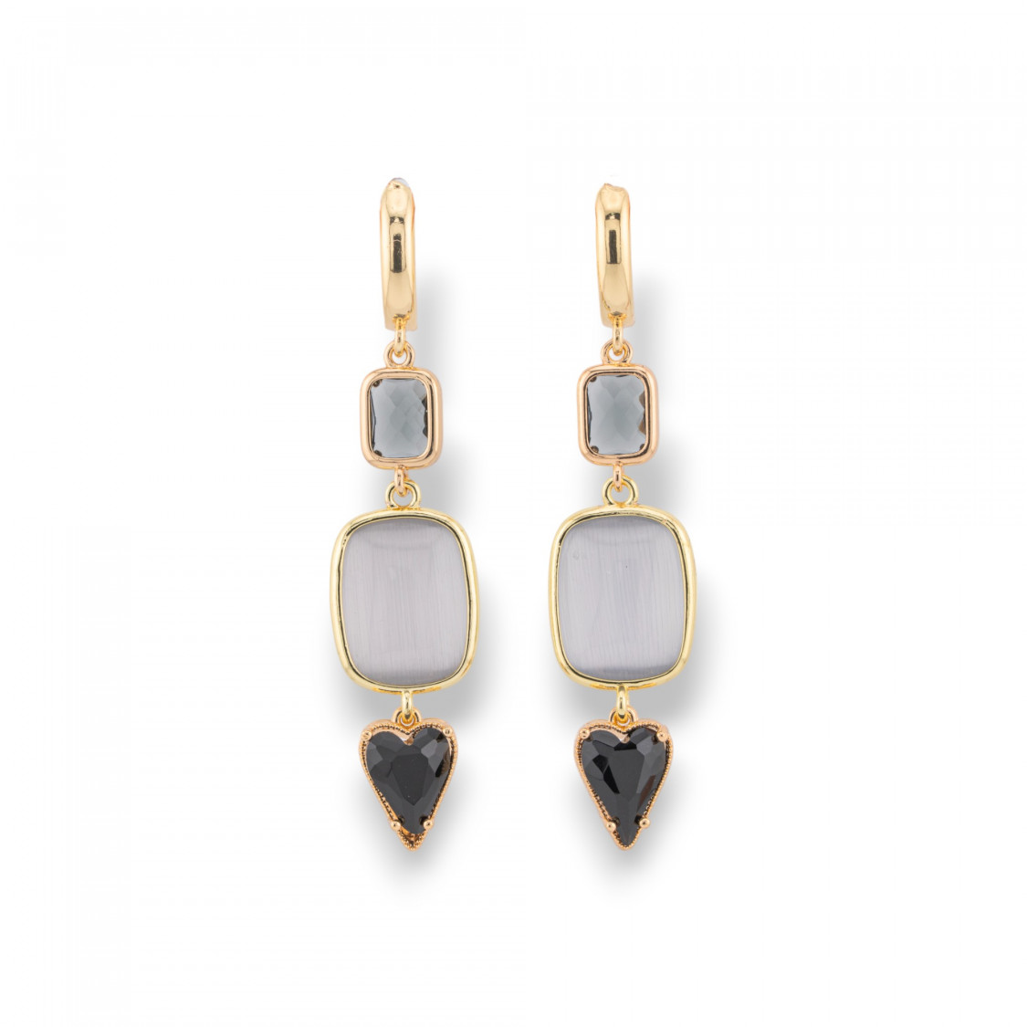 Bronze Stud Earrings With Zircons And Cat's Eye 14x65mm Gold Grey Black-CRYSTAL BRONZE | Worldofjewel.com