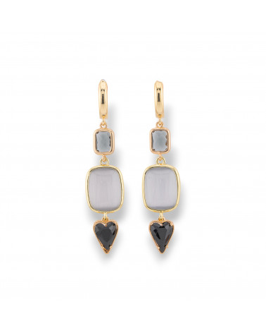 Bronze Stud Earrings With Zircons And Cat's Eye 14x65mm Gold Grey Black-CRYSTAL BRONZE | Worldofjewel.com