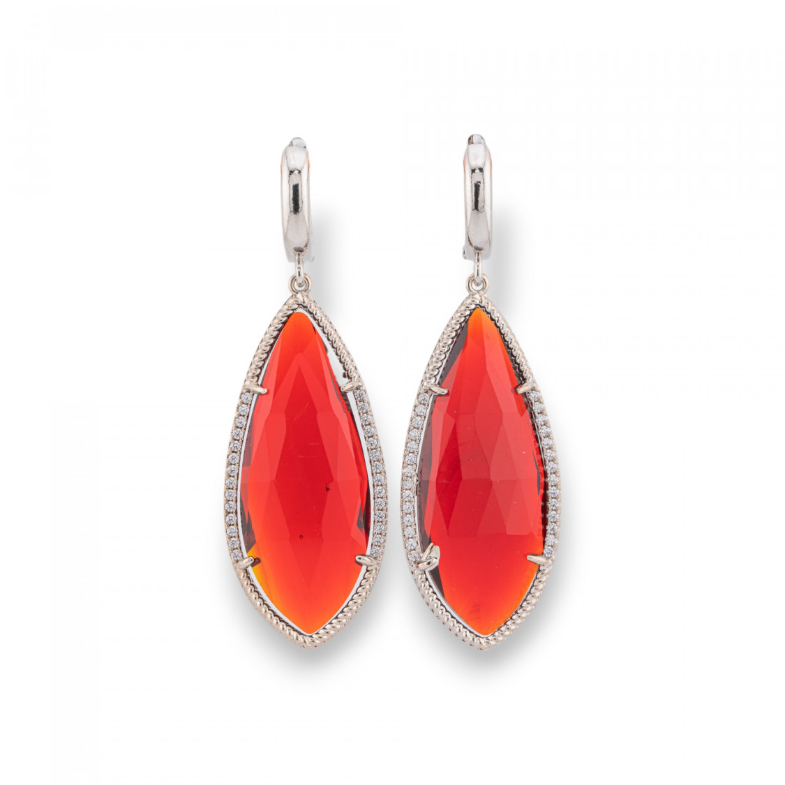 Boucles d'oreilles puces en bronze avec zircons et gouttes de pierres semi-précieuses serties en rhodium rouge-BRONZE CRISTAL | Worldofjewel.com