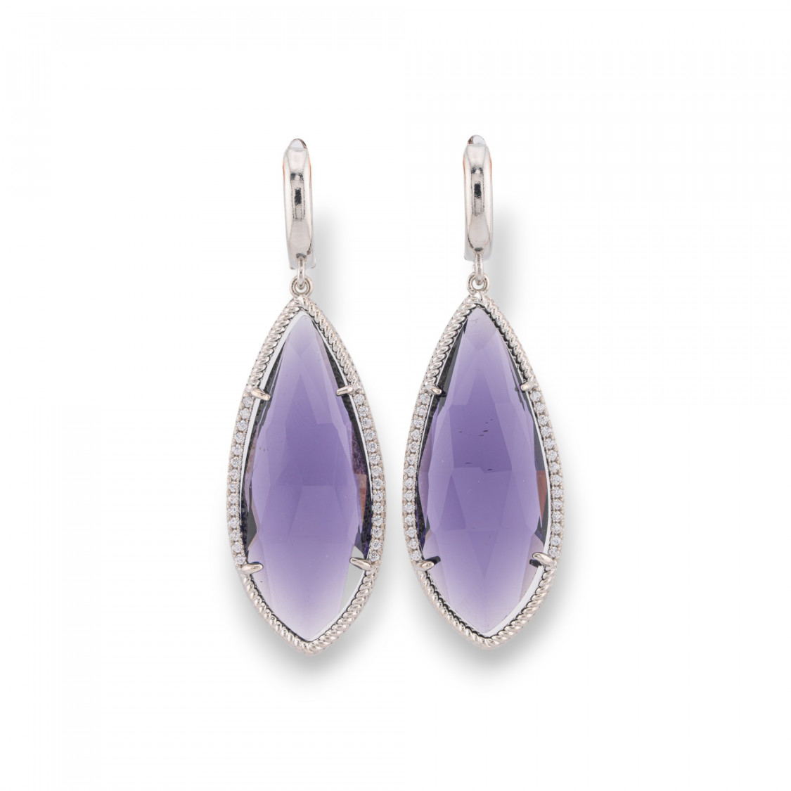 Bronze Stud Earrings With Zirconia and Hard Stones Drops Set Rhodium Purple-CRYSTAL BRONZE | Worldofjewel.com