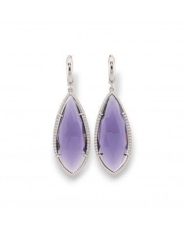 Bronze Stud Earrings With Zirconia and Hard Stones Drops Set Rhodium Purple-CRYSTAL BRONZE | Worldofjewel.com