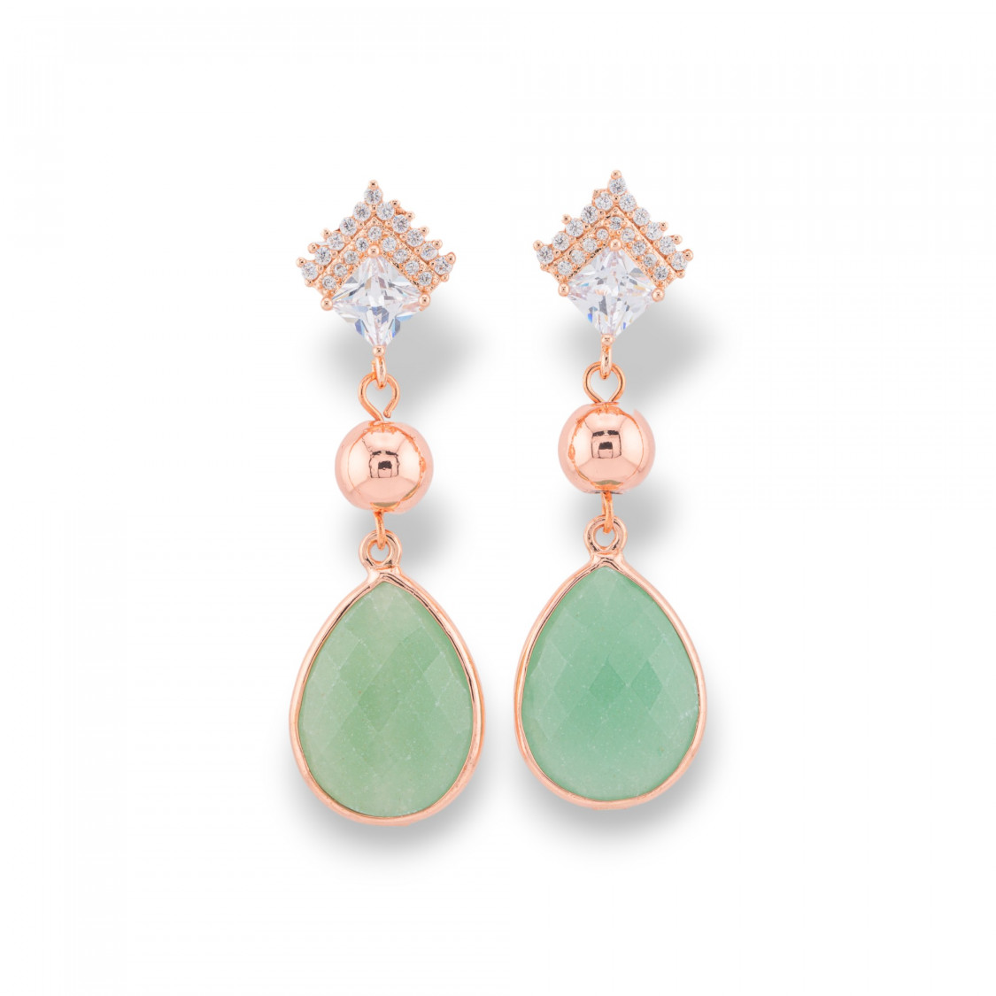 Boucles d'oreilles clous en bronze avec zircons et pierres semi-précieuses serties sur aventurine or rose-BRONZE CRISTAL | Worldofjewel.com