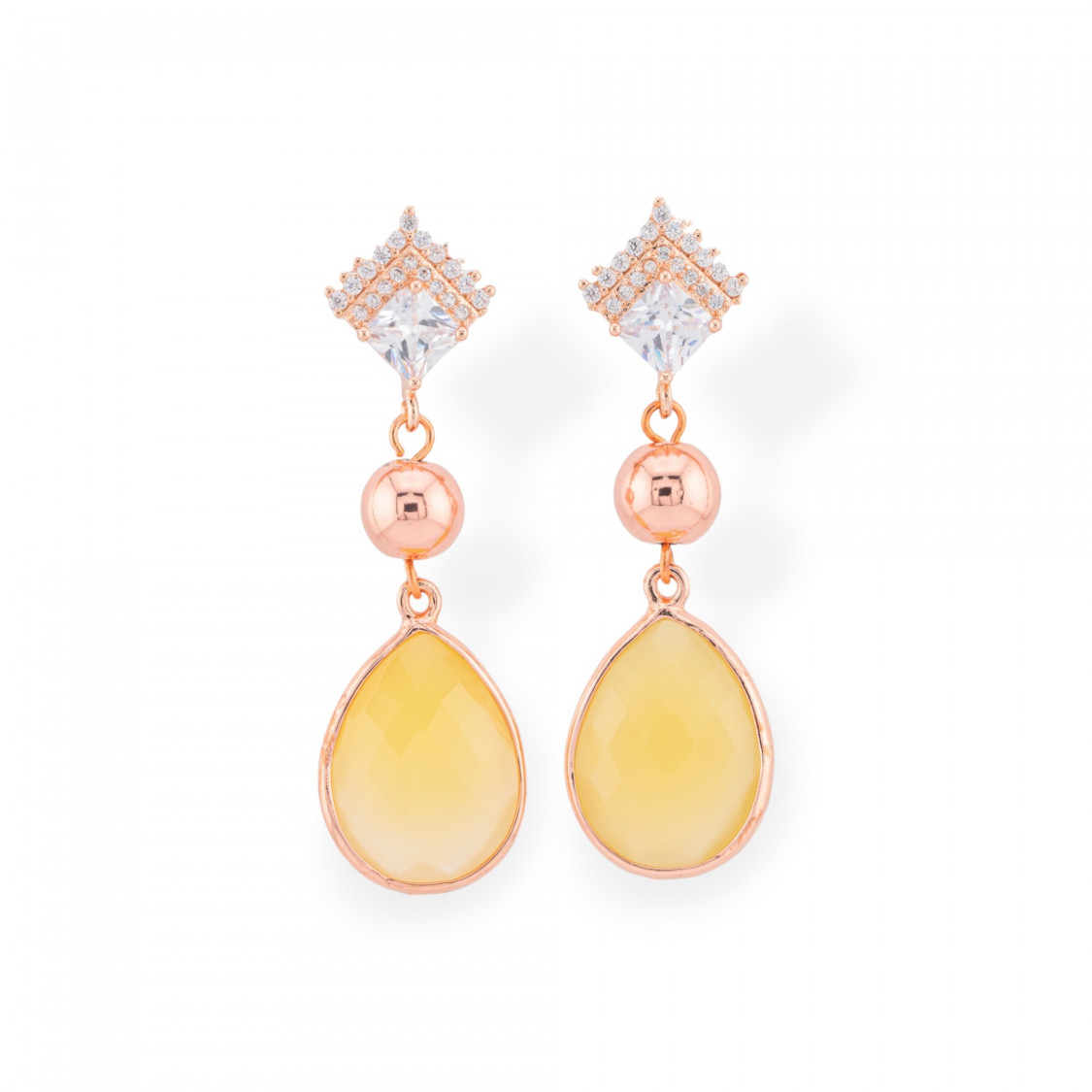 Orecchini Perno Di Bronzo Con Zirconi e Pietre Dure Incastonate Oro Rosa Agata Gialla-BRONZO CRYSTAL | Worldofjewel.com