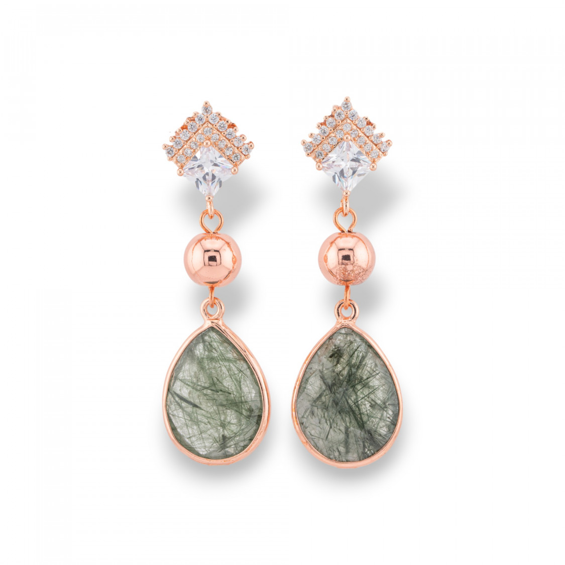 Bronze Stud Earrings With Zirconia And Hard Stones Set In Green Rutilated Rose Gold-CRYSTAL BRONZE | Worldofjewel.com