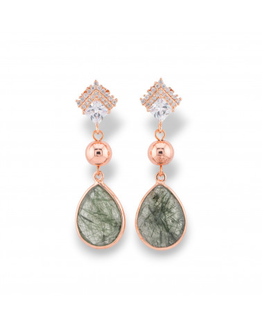 Bronze Stud Earrings With Zirconia And Hard Stones Set In Green Rutilated Rose Gold-CRYSTAL BRONZE | Worldofjewel.com