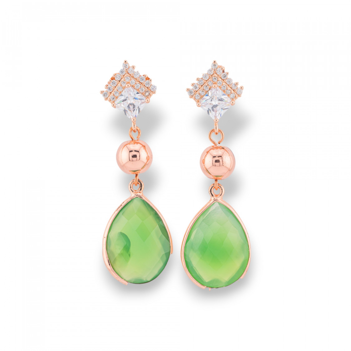 Boucles d'oreilles clous en bronze avec zircons et pierres semi-précieuses serties en or rose et vert-BRONZE CRISTAL | Worldofjewel.com