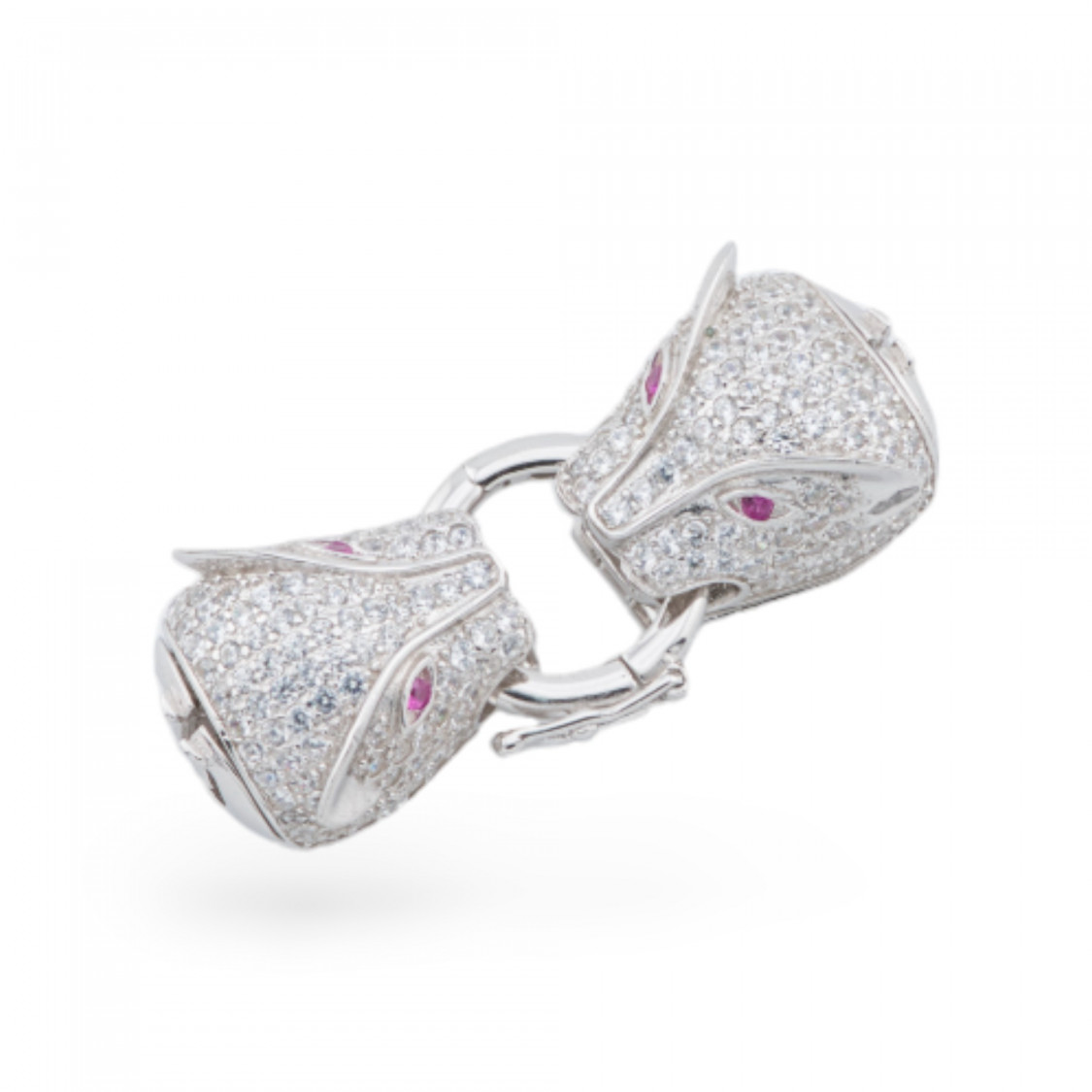 Chiusura Di Argento 925 Con Zirconi Testa Pantera Doppio Con Anello Centrale 13x39mm 1pz Rodiato Rosso-CHIUSURE DI ARGENTO | Worldofjewel.com