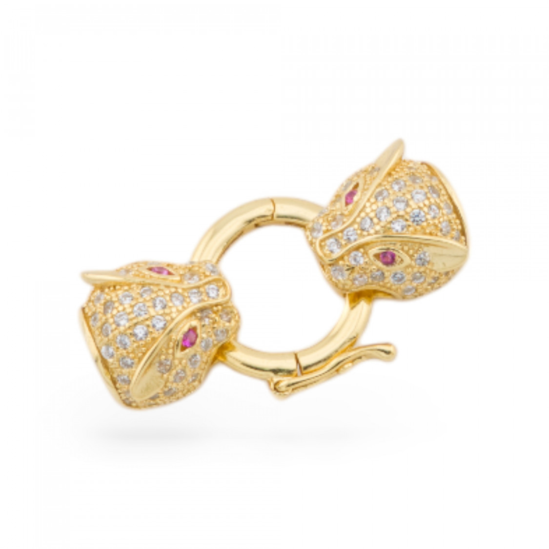 Chiusura Di Argento 925 Con Zirconi Testa Pantera Doppio Con Anello Centrale 14x26mm 1pz Dorato Rosso-CHIUSURE DI ARGENTO | Worldofjewel.com