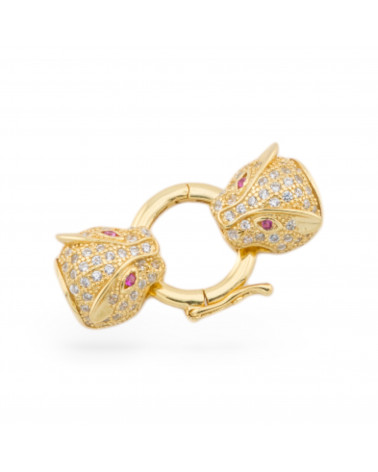 Chiusura Di Argento 925 Con Zirconi Testa Pantera Doppio Con Anello Centrale 14x26mm 1pz Dorato Rosso-CHIUSURE DI ARGENTO | Worldofjewel.com