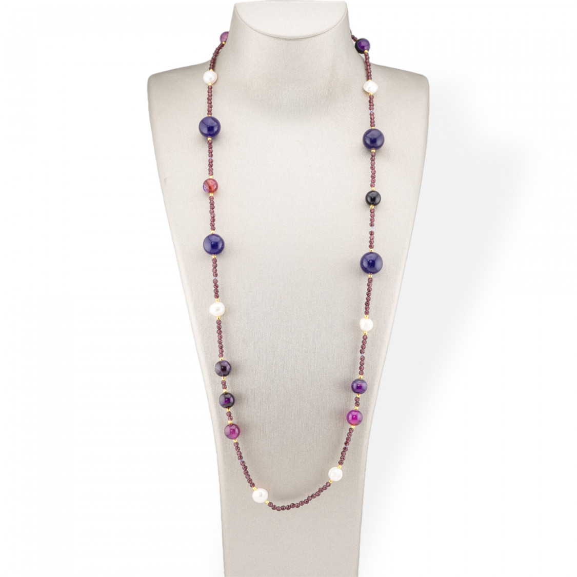 Bijoux Charleston Collier de cristaux CZ avec pierres semi-précieuses et perles de rivière avec hématite 90 cm agate violette-CONCEPTION ITALIE | Worldofjewel.com