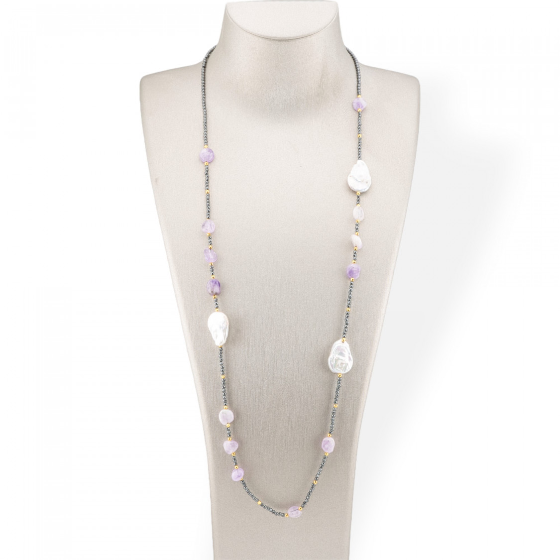 Collana Bijoux Charlestone Di Ematite Con Perle Di Fiume Barocche Piatte E Pietre Dure 90cm Ametista-DESIGN ITALY | Worldofjewel.com