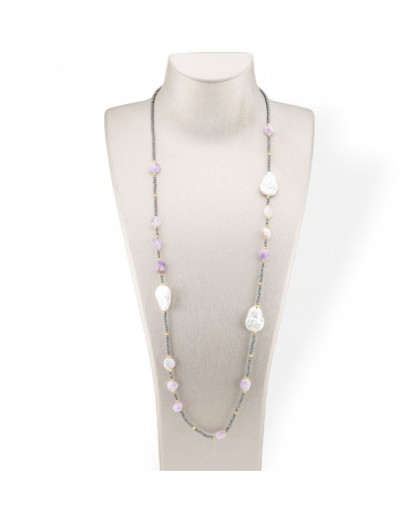 Collana Bijoux Charlestone Di Ematite Con Perle Di Fiume Barocche Piatte E Pietre Dure 90cm Ametista-DESIGN ITALY | Worldofjewel.com