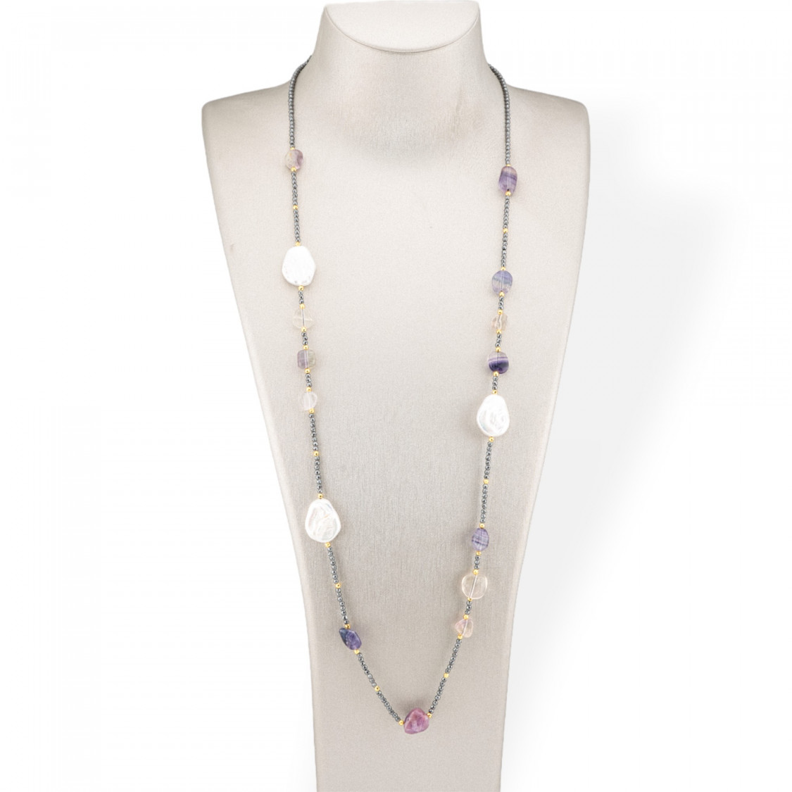 Bijoux Charleston Hämatit-Halskette mit flachen barocken Flussperlen und Halbedelsteinen aus Fluorit, 90 cm-GESTALTEN SIE ITALIEN | Worldofjewel.com