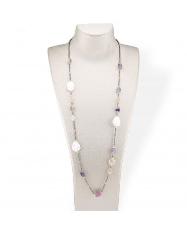 Bijoux Charleston Collier hématite avec perles plates de rivière baroques et pierres semi-précieuses de fluorite 90 cm-CONCEPTION ITALIE | Worldofjewel.com