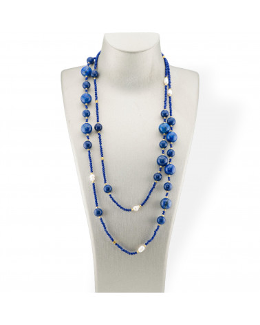 Collana Bijoux Charlestone Di Pietre Dure Perle Di Fiume E Cristalli 160cm Agata Blu-DESIGN ITALY | Worldofjewel.com