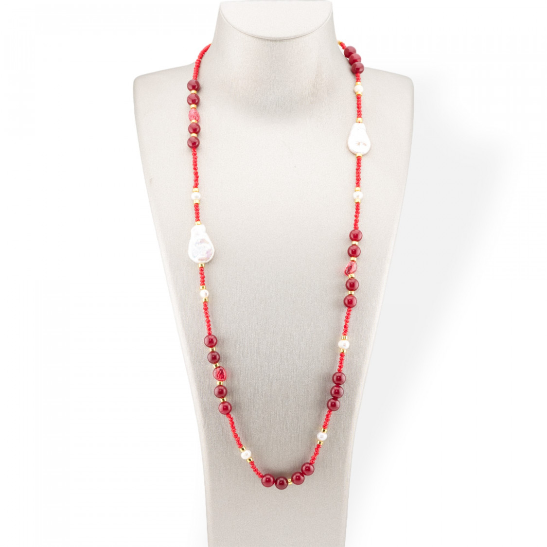 Bijoux Collar De Cristales CZ Con Piedras Semipreciosas, Perlas Barrocas Planas Y Hematites 90cm Rojo-DISEÑO ITALIA | Worldofjewel.com