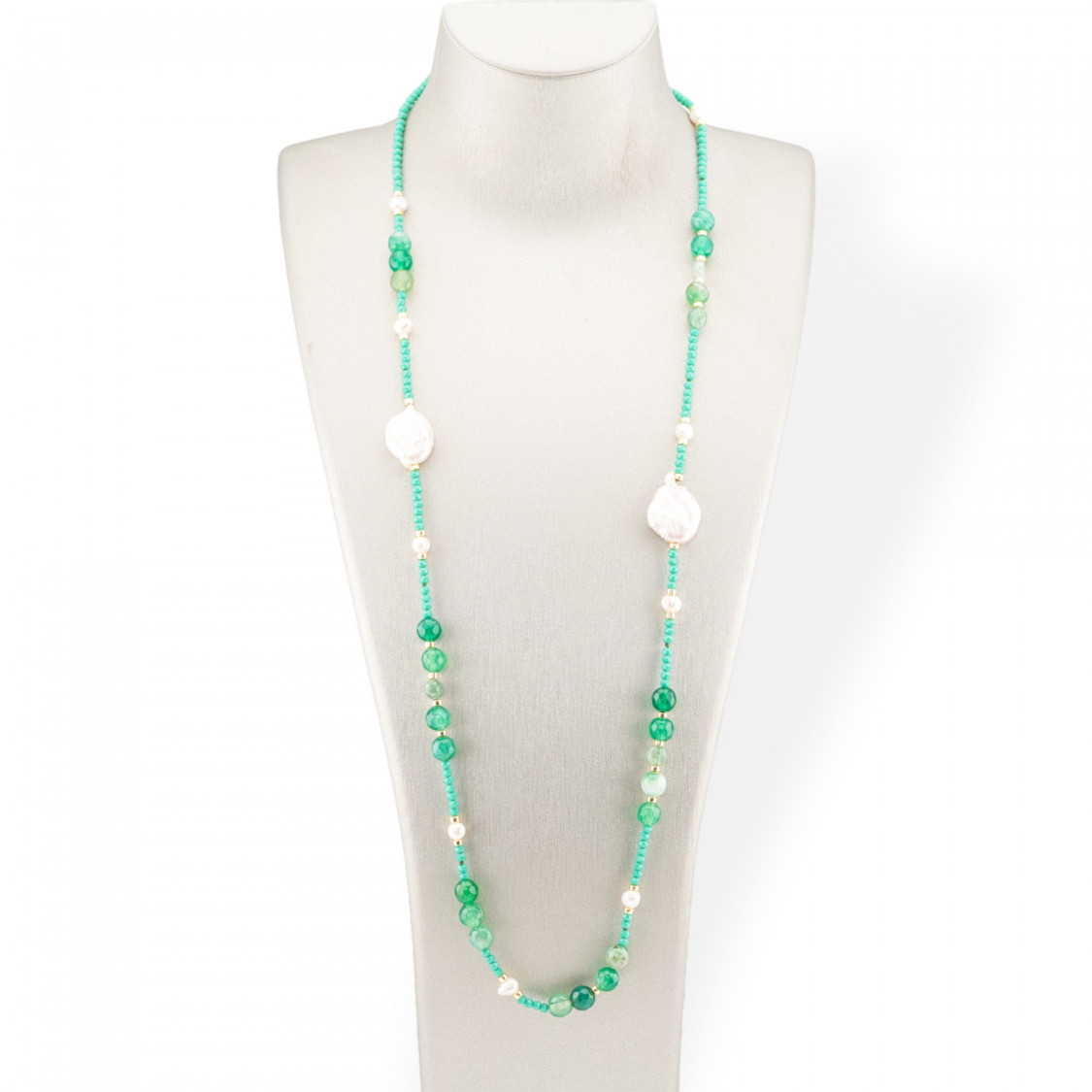 CZ Crystal Bijoux Necklace With Hard Stones, Flat Baroque Pearls And Hematite 90cm Light Green-DESIGN ITALY | Worldofjewel.com