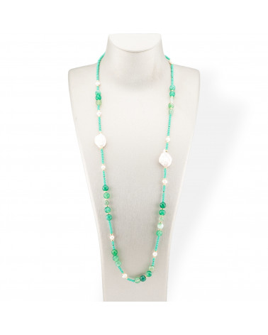 CZ Crystal Bijoux Necklace With Hard Stones, Flat Baroque Pearls And Hematite 90cm Light Green-DESIGN ITALY | Worldofjewel.com
