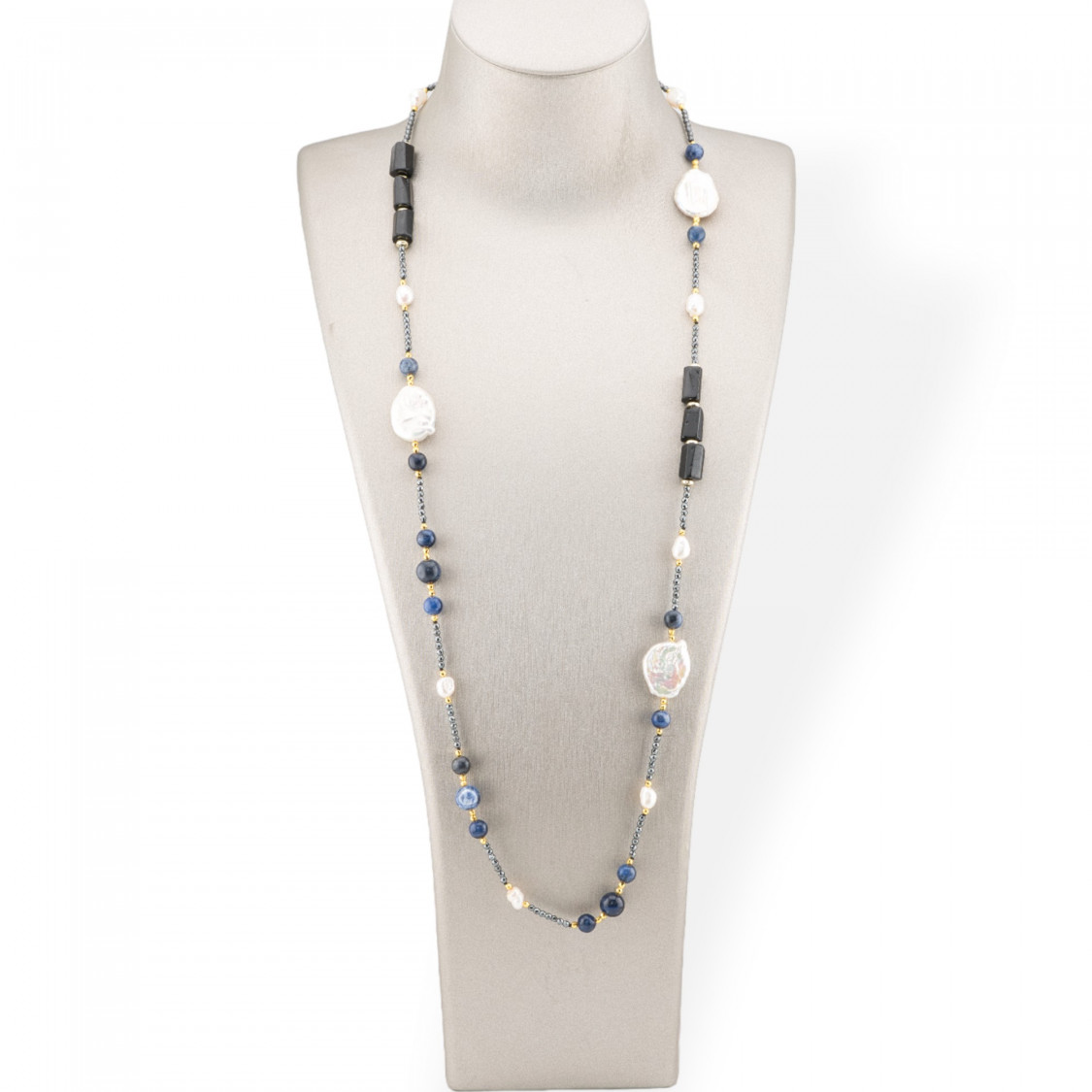 Charlestone Necklace Of Hard Stones, Pearls And Hematite 90cm Black And Lapis-DESIGN ITALY | Worldofjewel.com