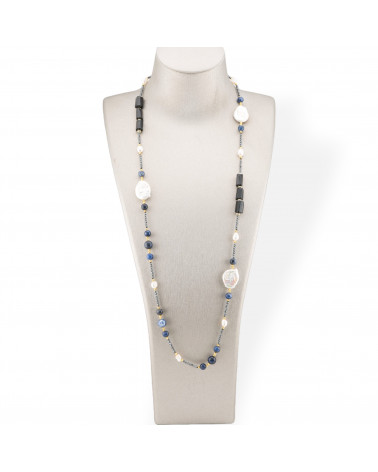 Charlestone Necklace Of Hard Stones, Pearls And Hematite 90cm Black And Lapis-DESIGN ITALY | Worldofjewel.com