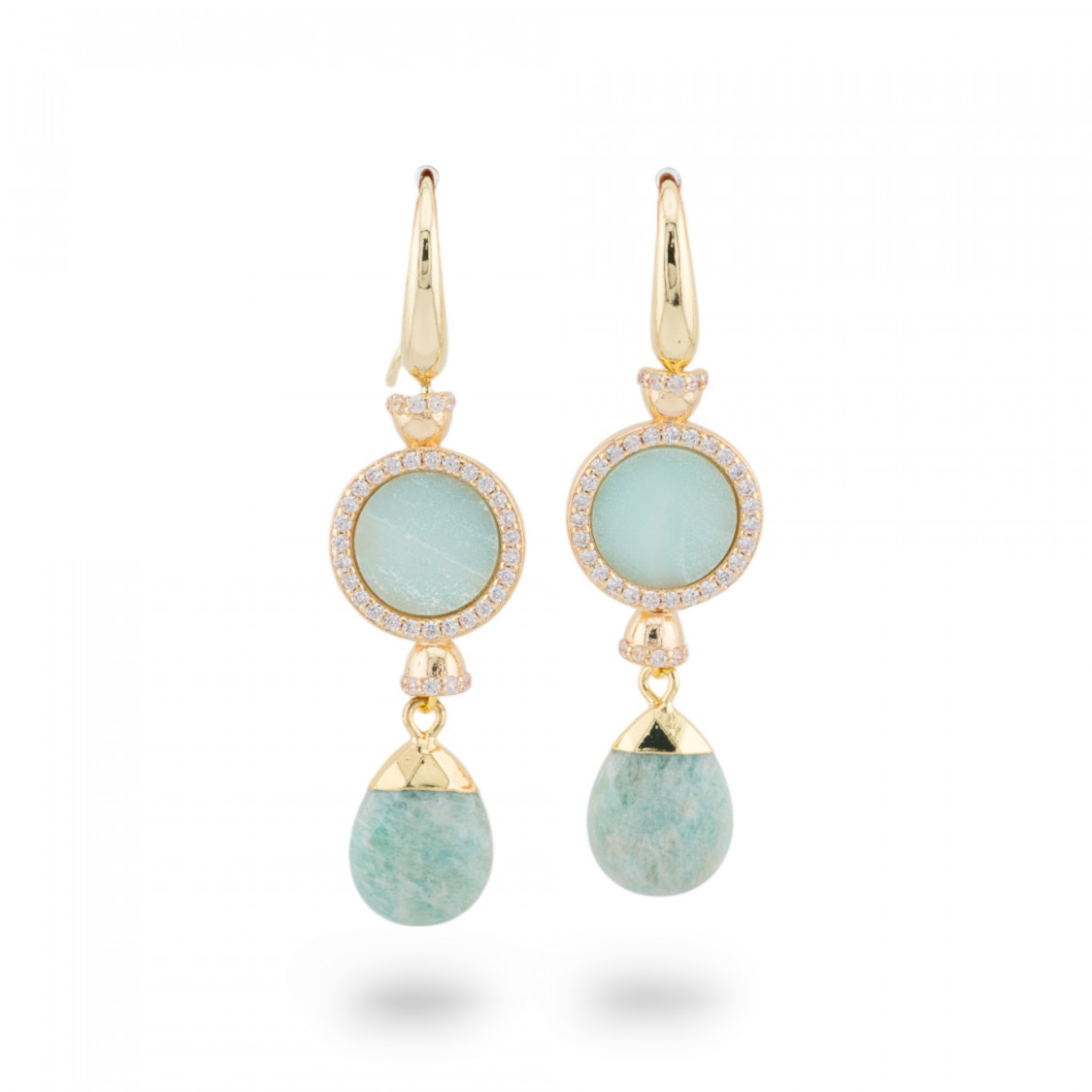 Boucles D'oreilles dormeuses en bronze avec pierres de zircon amazonite dorées-ORECCHINI MADE WITH STYLE | Worldofjewel.com