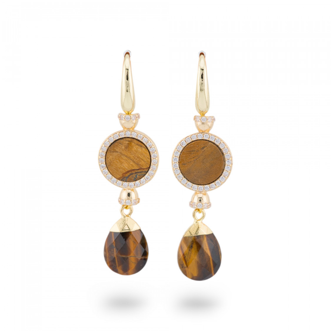 Boucles D'oreilles Dormeuses En Bronze Avec Pierres De Zircon Oeil De Tigre Doré-ORECCHINI MADE WITH STYLE | Worldofjewel.com