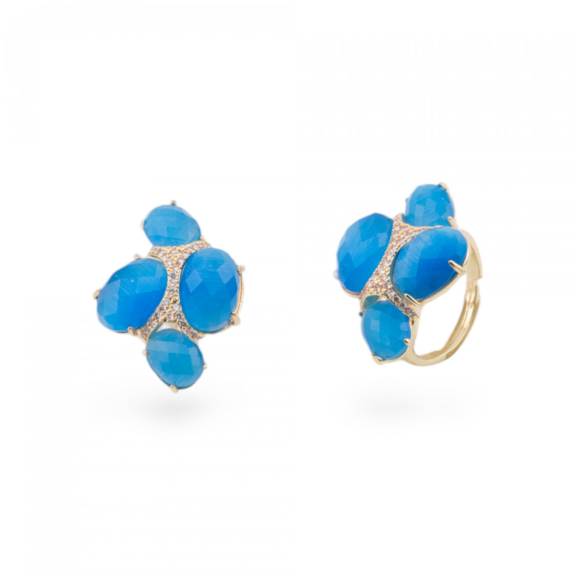 Anello Di Bronzo Con Occhio Di Gatto Con Zirconi Misura Regolabile Dorato Blu-ANELLI BRONZO CON PIETRE INCASTONATE | Worldofjewel.com