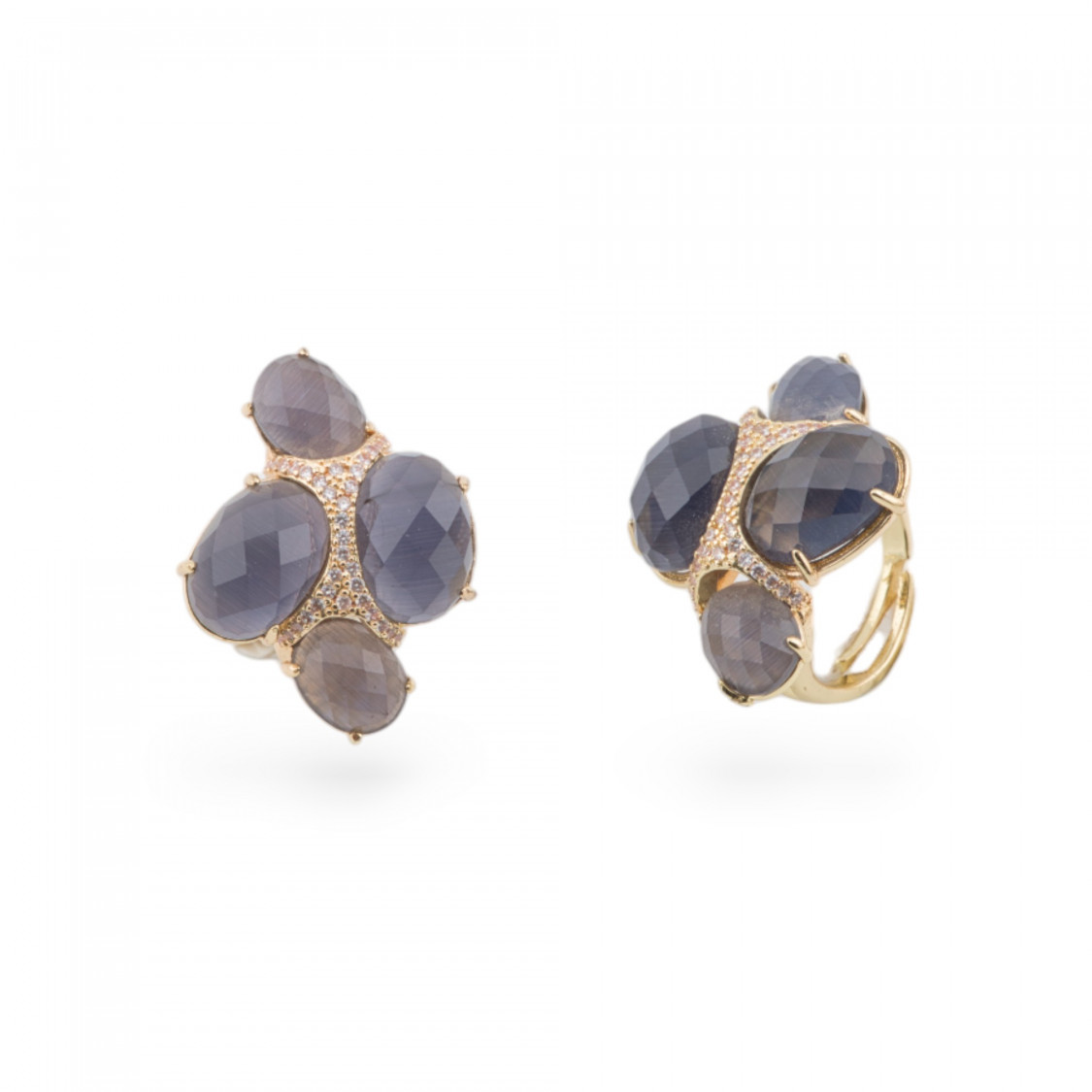 Anello Di Bronzo Con Occhio Di Gatto Con Zirconi Misura Regolabile Dorato Grigio-ANELLI BRONZO CON PIETRE INCASTONATE | Worldofjewel.com