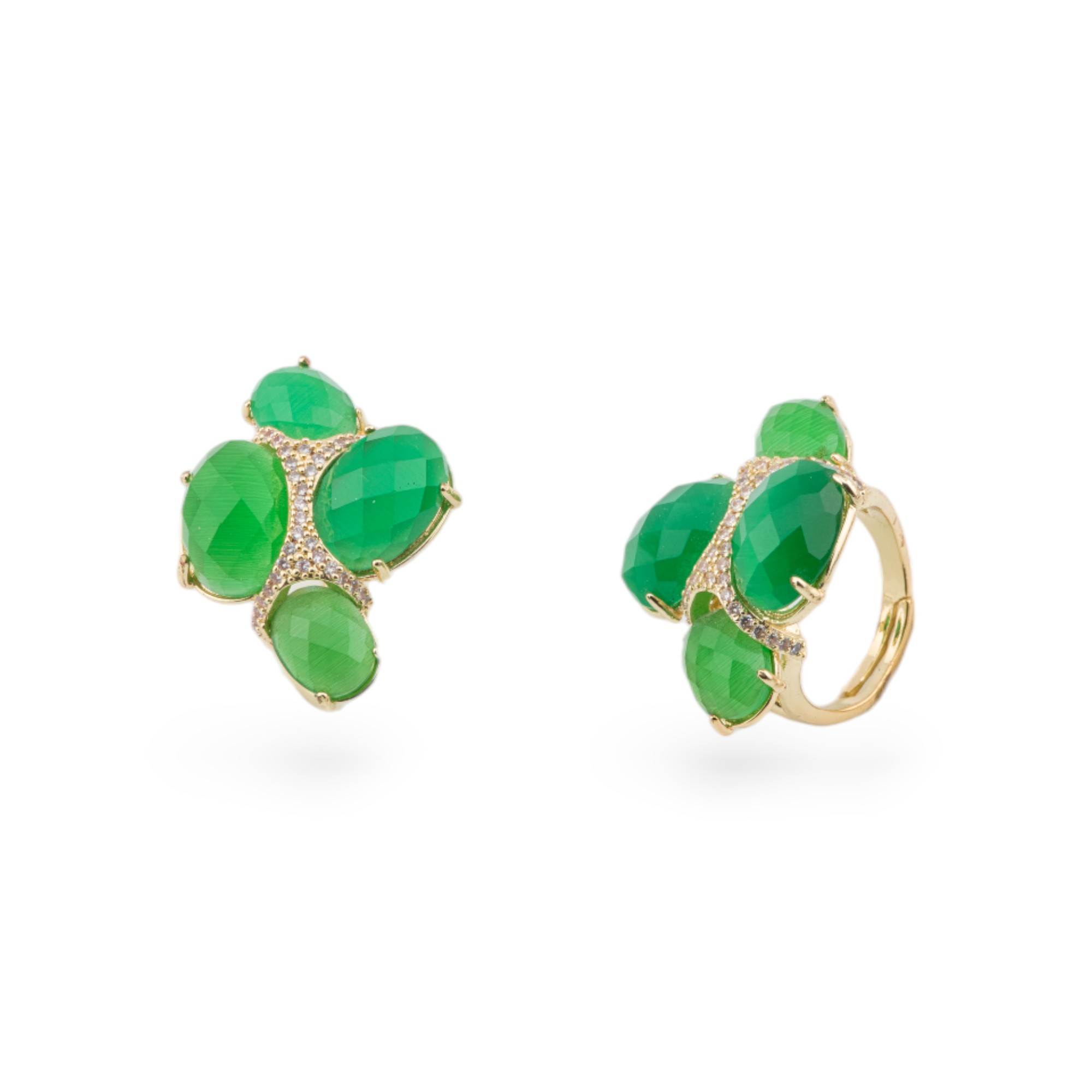 Anello Di Bronzo Con Occhio Di Gatto Con Zirconi Misura Regolabile Dorato Verde